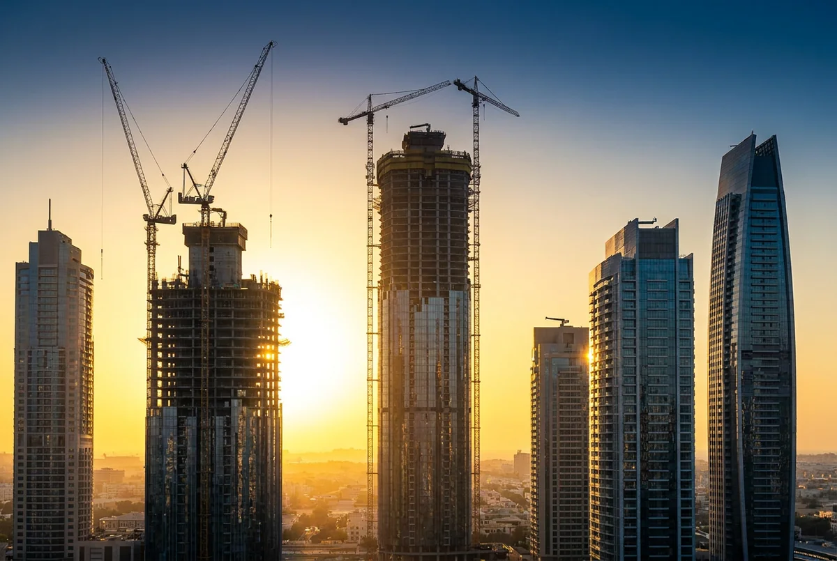 Dubai towers under construction at sunrise with cranes against a bright sky
