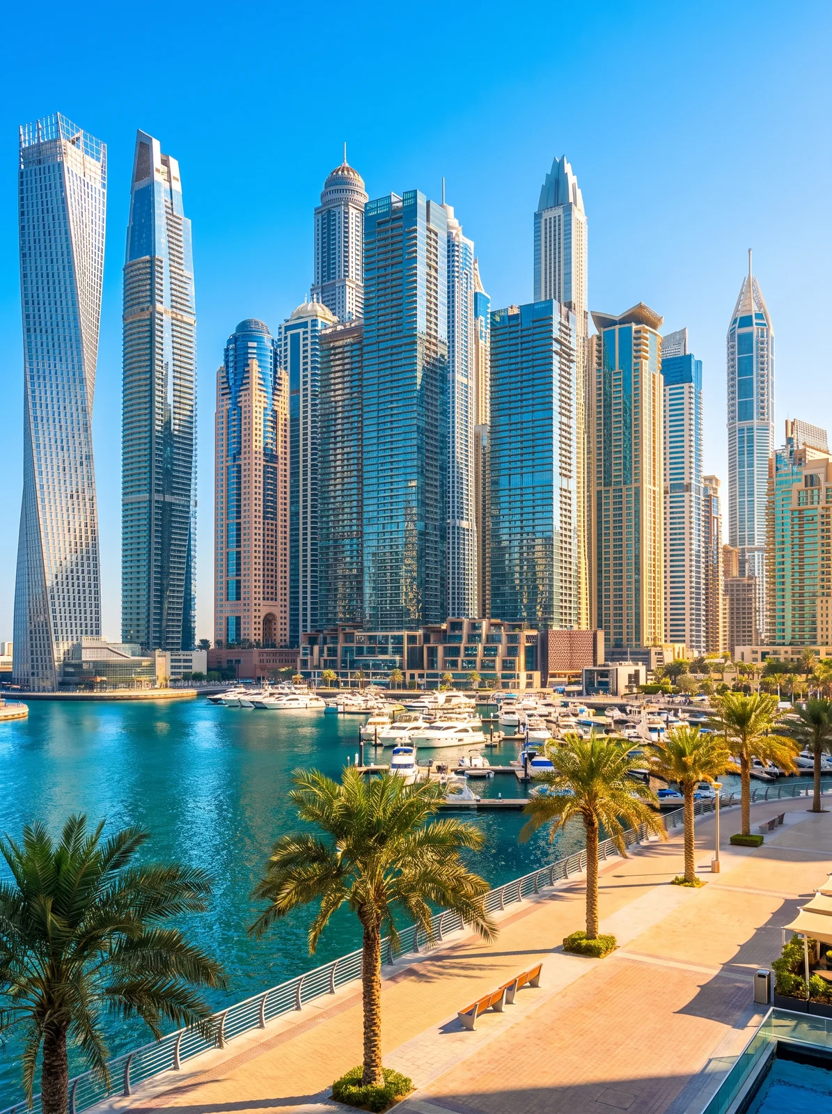 Dubai Marina towers and azure water on a clear day