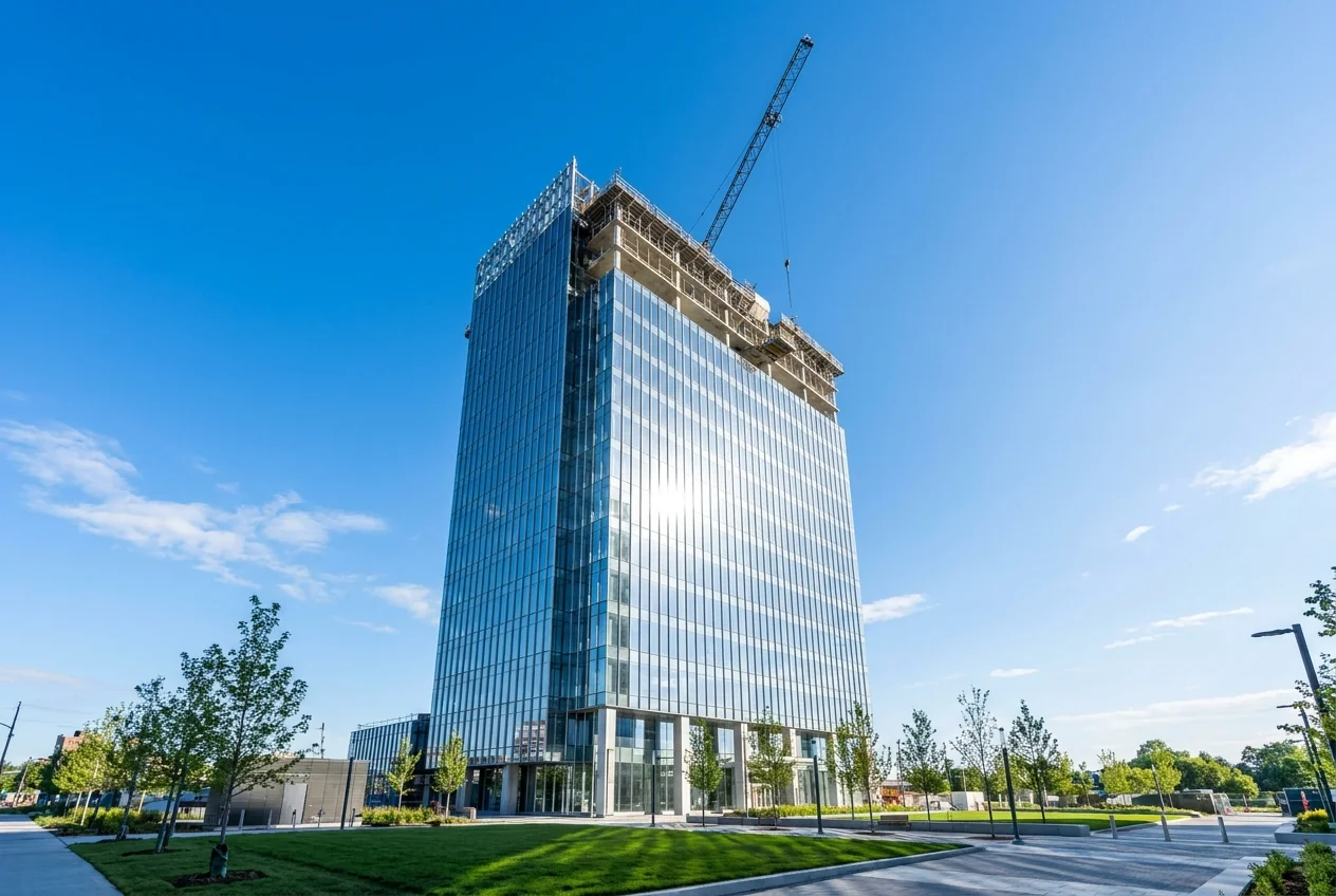 New condo tower under a crane against a vivid blue sky in Toronto